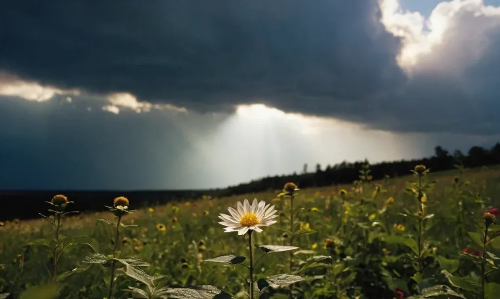 A captivating photo capturing rays of sunlight breaking through dark storm clouds, illuminating a lone flower blooming against all odds, symbolizing divine blessings reserved solely for one's destined path.