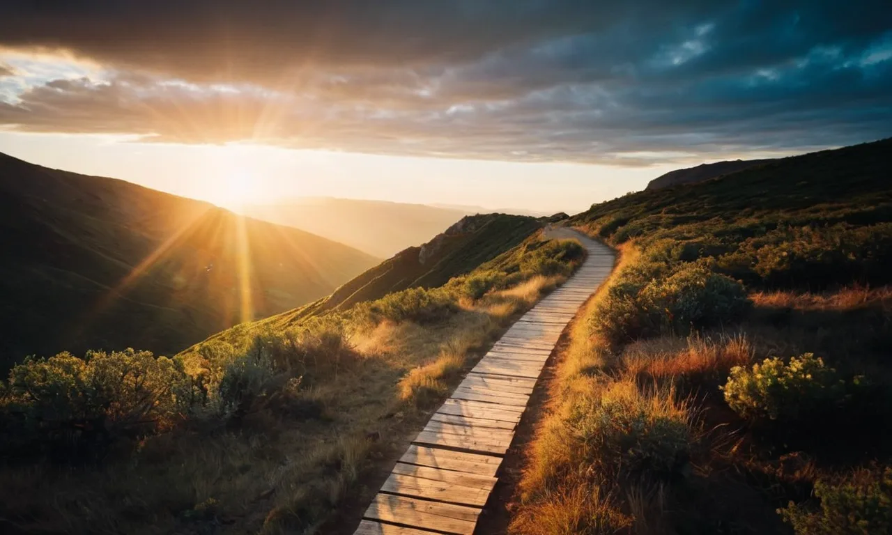 A breathtaking photo captures a radiant sunrise, illuminating a narrow path leading to a majestic destination. It symbolizes God's promise that what He has destined for you, as stated in KJV, will be exclusively and abundantly yours.