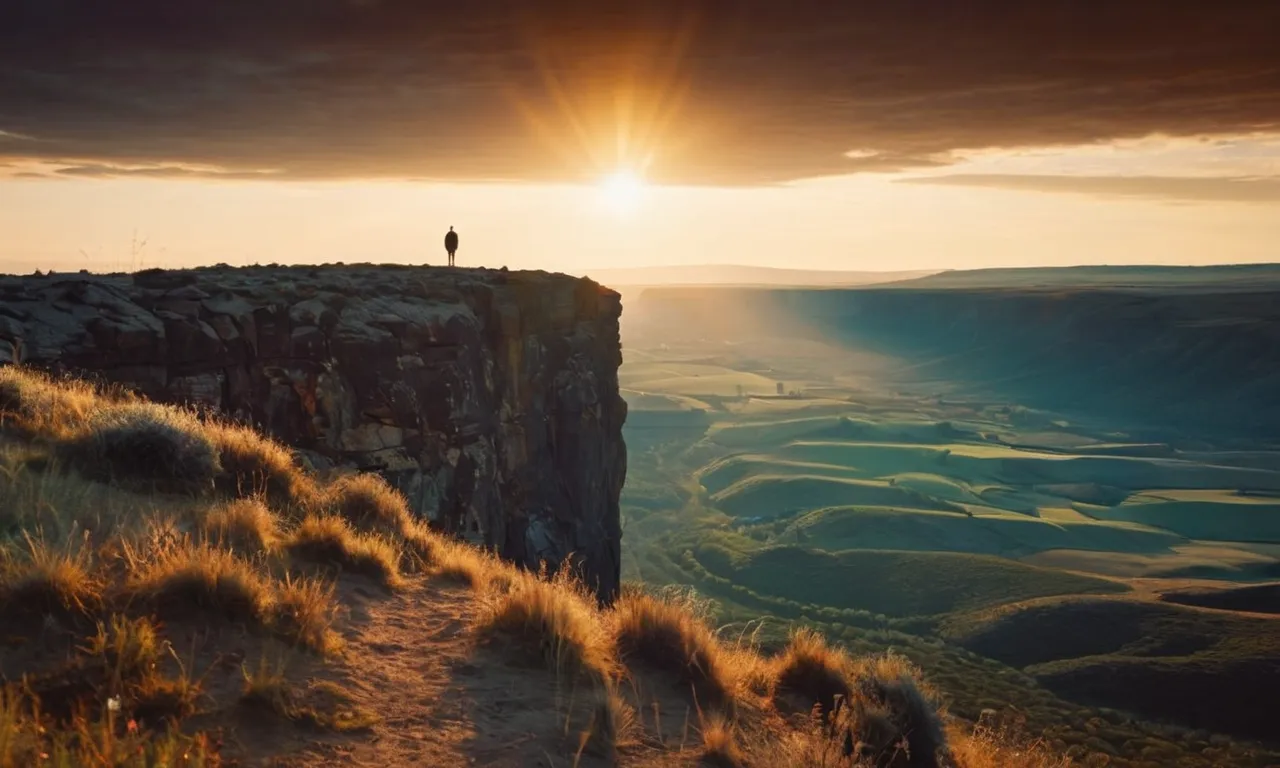 A radiant sunrise illuminating a vast landscape, with a lone figure standing at the edge of a cliff, symbolizing the unknown future and the divine plan awaiting them.