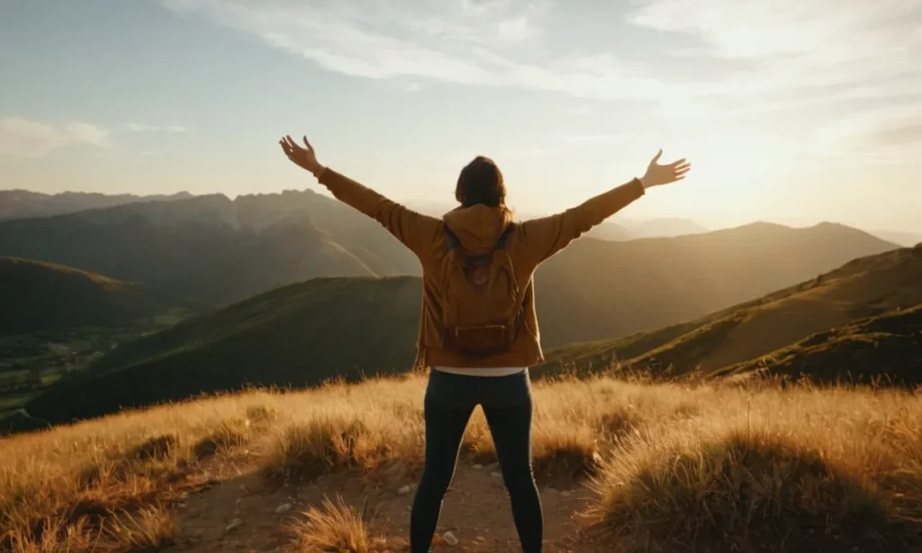 A photo capturing a person standing on a mountaintop, bathed in golden sunlight, with arms outstretched and a serene expression, symbolizing divine affirmation and self-discovery.