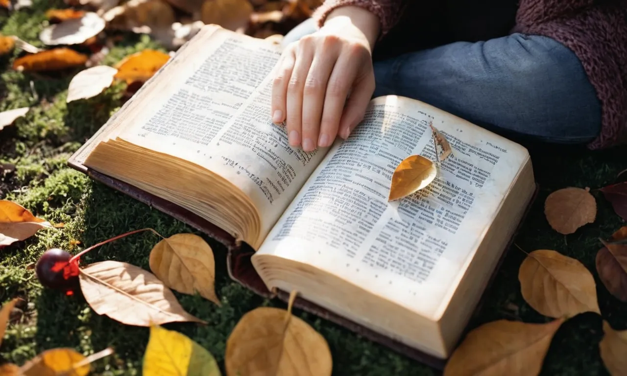 A photograph capturing a serene moment of a person reading a weathered Bible, surrounded by a circular arrangement of fallen leaves, symbolizing the cyclical nature of life and the biblical principle of sowing and reaping.