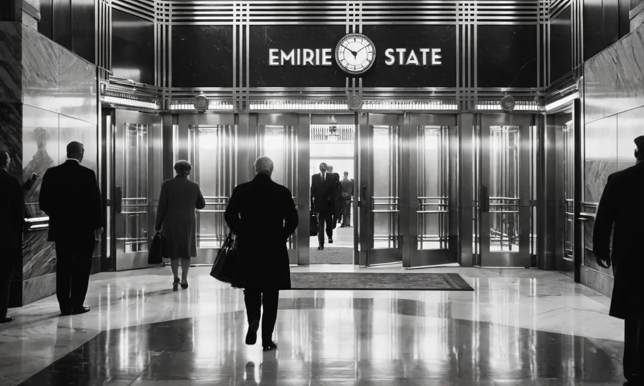 A captivating black and white image of the bustling lobby of the Empire State Building, showcasing the vibrant energy of people rushing to elevators, while the iconic art deco architecture looms above.