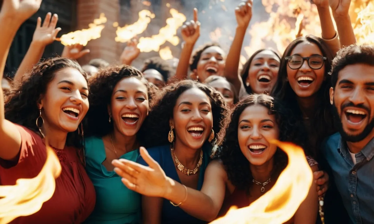 A vibrant image capturing a diverse group of individuals, radiating joy and unity, as tongues of fire descend upon them, symbolizing the outpouring of the Holy Spirit on the day of Pentecost.