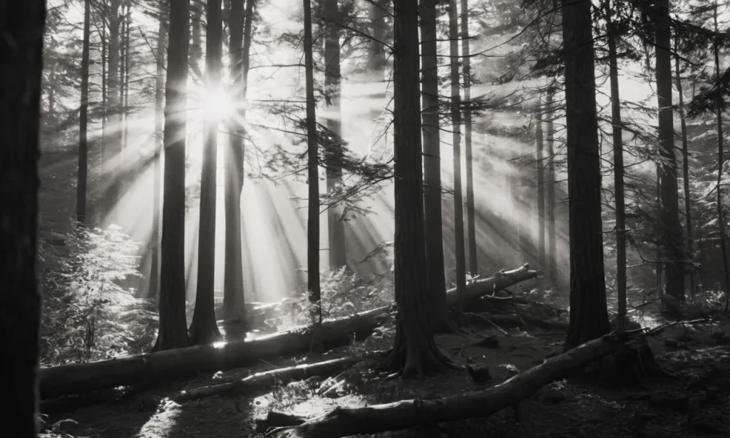 A black and white photo captures a ray of sunlight piercing through the dense forest, reminiscent of Asaph's transformation from doubt to faith in the Bible.