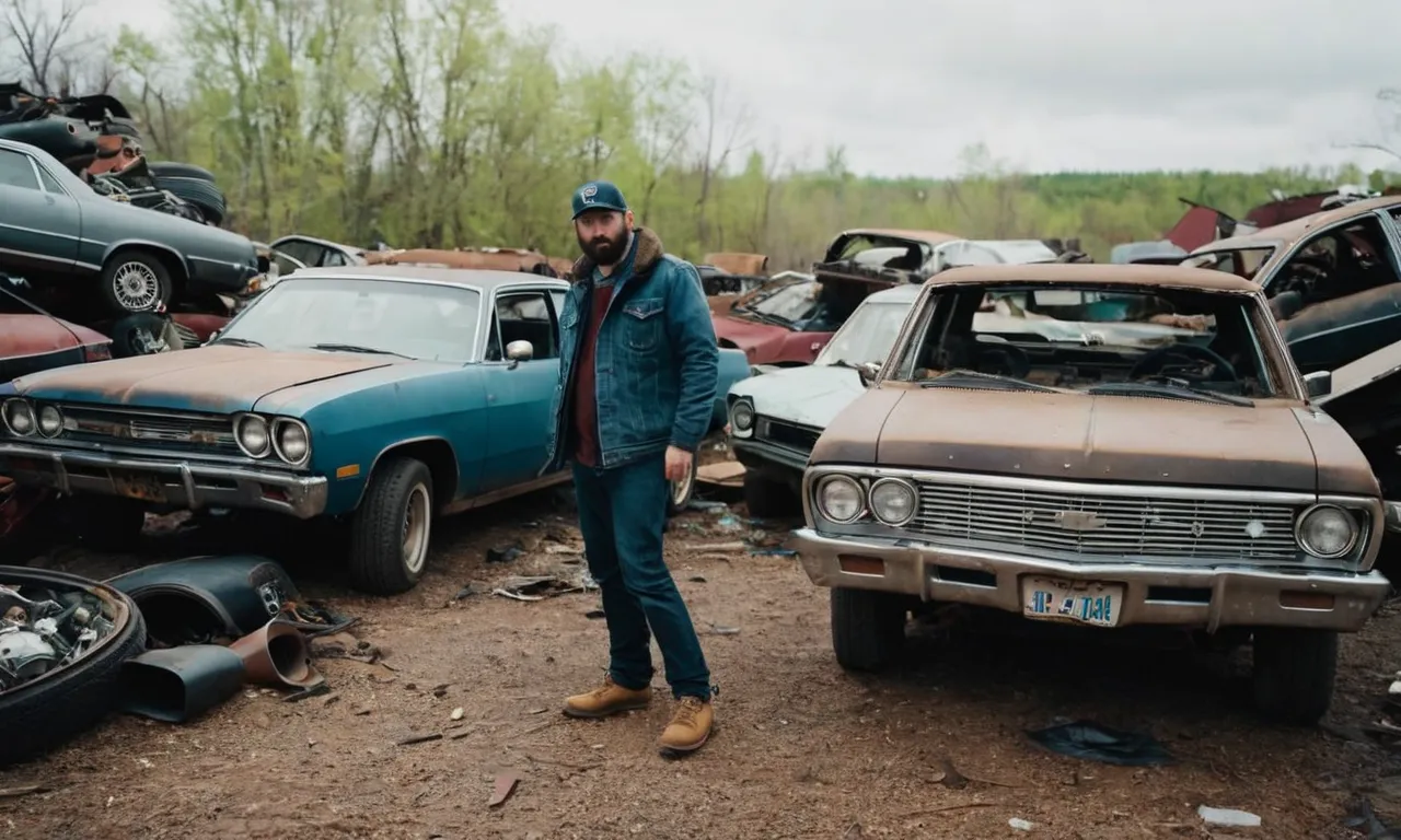 The photo captures Chris and Jeff amidst the chaos of a junkyard, showcasing their determined expressions as they salvage and transform abandoned vehicles into stunning works of art.