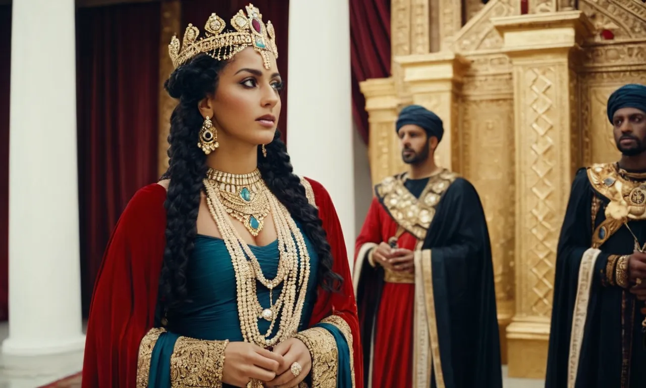 A photograph capturing Esther, adorned in regal attire, standing confidently before King Xerxes, her gaze unwavering, as she pleads for the salvation of her people.