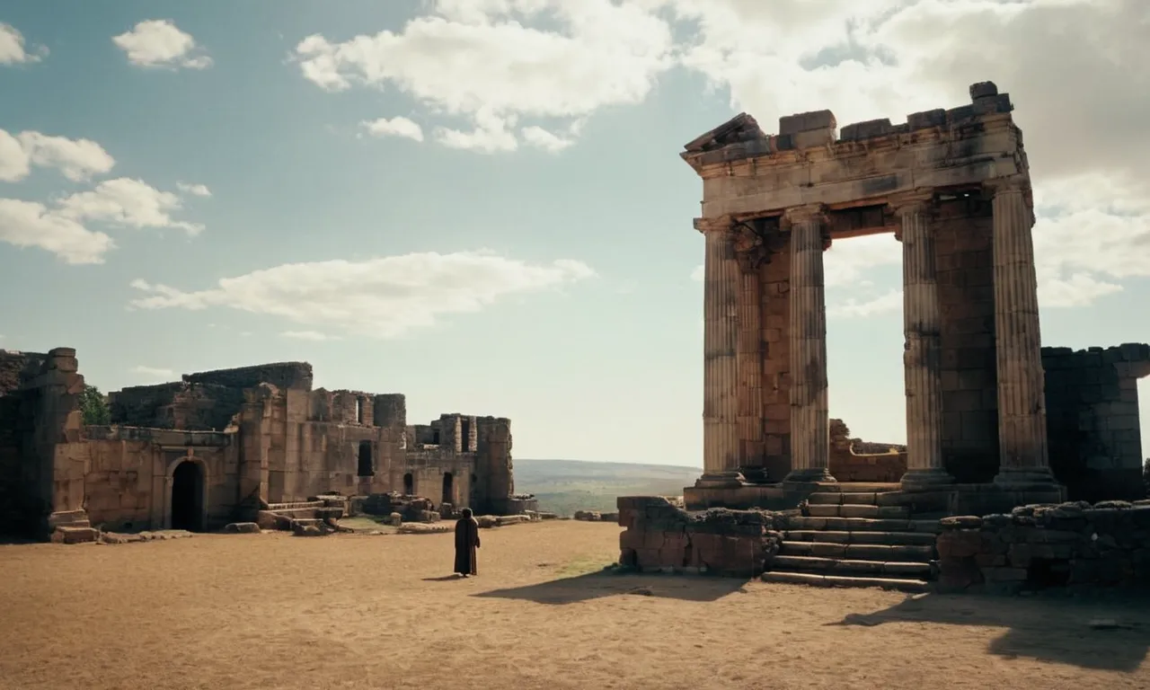 A photo capturing a solitary figure, surrounded by ancient ruins, evoking the eerie atmosphere of Ichabod's tragic fate as described in the Bible.