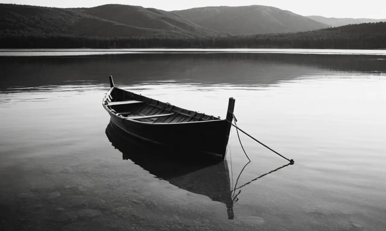 A solemn black and white photograph captures an empty boat drifting on calm waters, symbolizing the mysterious fate of Jesus' disciples after his crucifixion and resurrection.