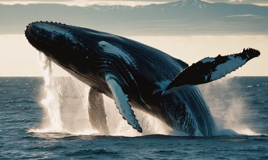 A photo capturing the awe-inspiring moment as a massive whale breaches the surface, symbolizing the biblical story of Jonah being swallowed and saved by a sea creature.