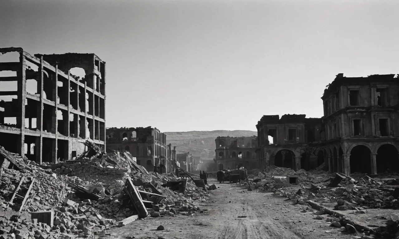 A black and white photograph captures the remains of a once flourishing city, evoking the destruction and desolation that befell Sodom and Gomorrah, reflecting the fate described in the biblical story.