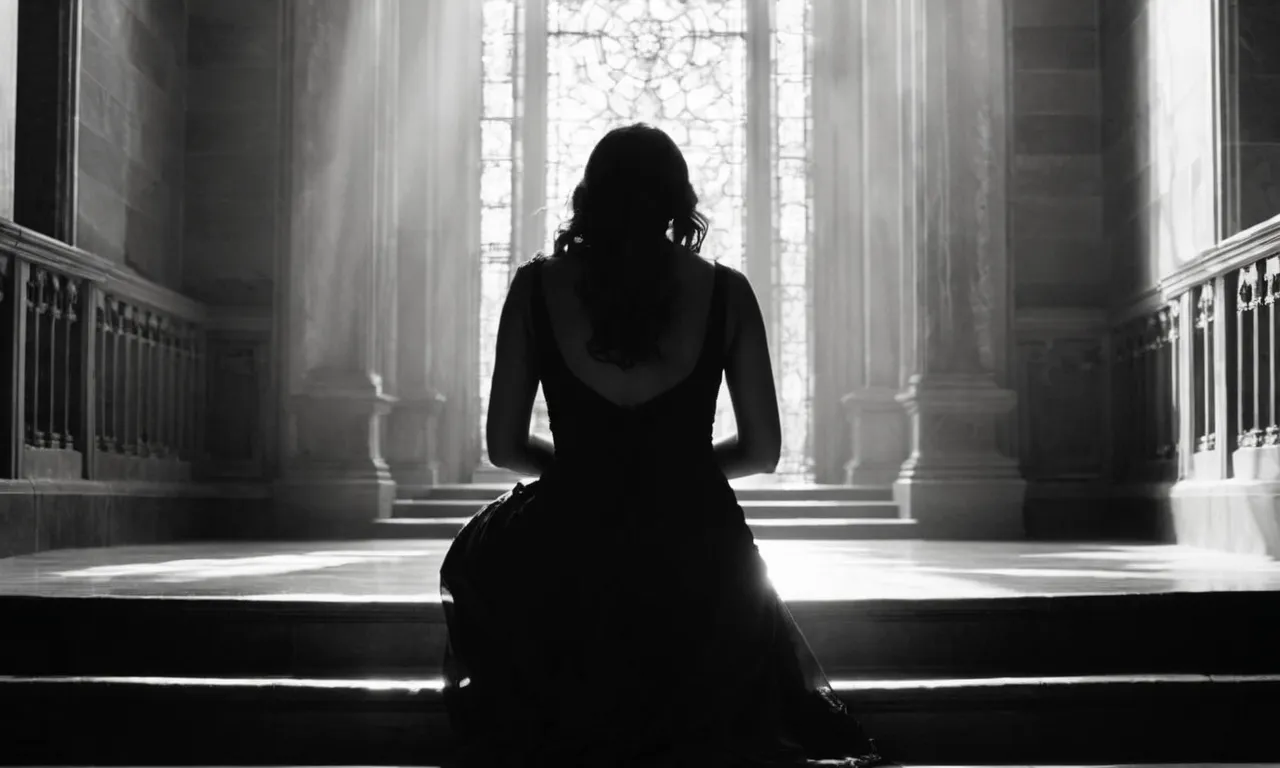 A captivating black and white image of a solitary figure, bathed in ethereal light, kneeling in front of a towering and radiant staircase leading towards an unseen divine realm.