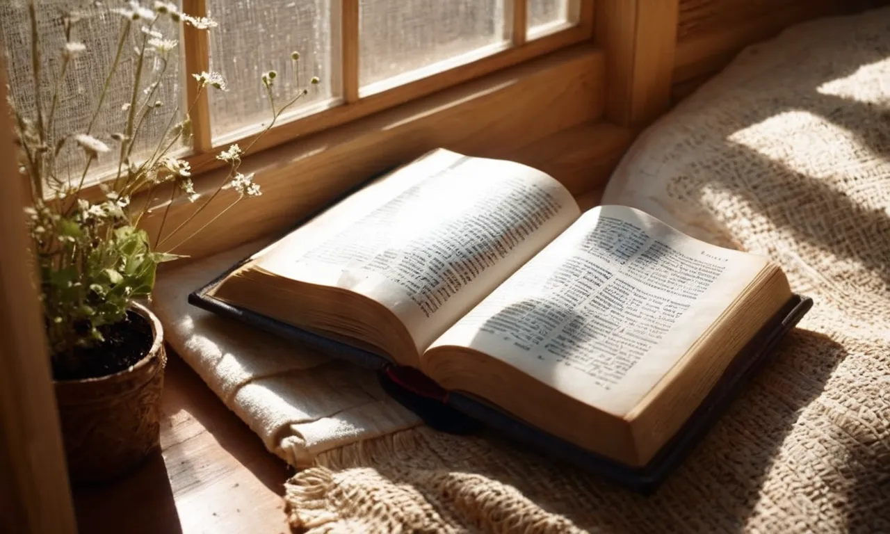 A photo of a serene, sunlit reading nook, with an open Bible, worn pages revealing a reader's dedication, as rays of light cascade onto their face, radiating a sense of enlightenment and inner peace.