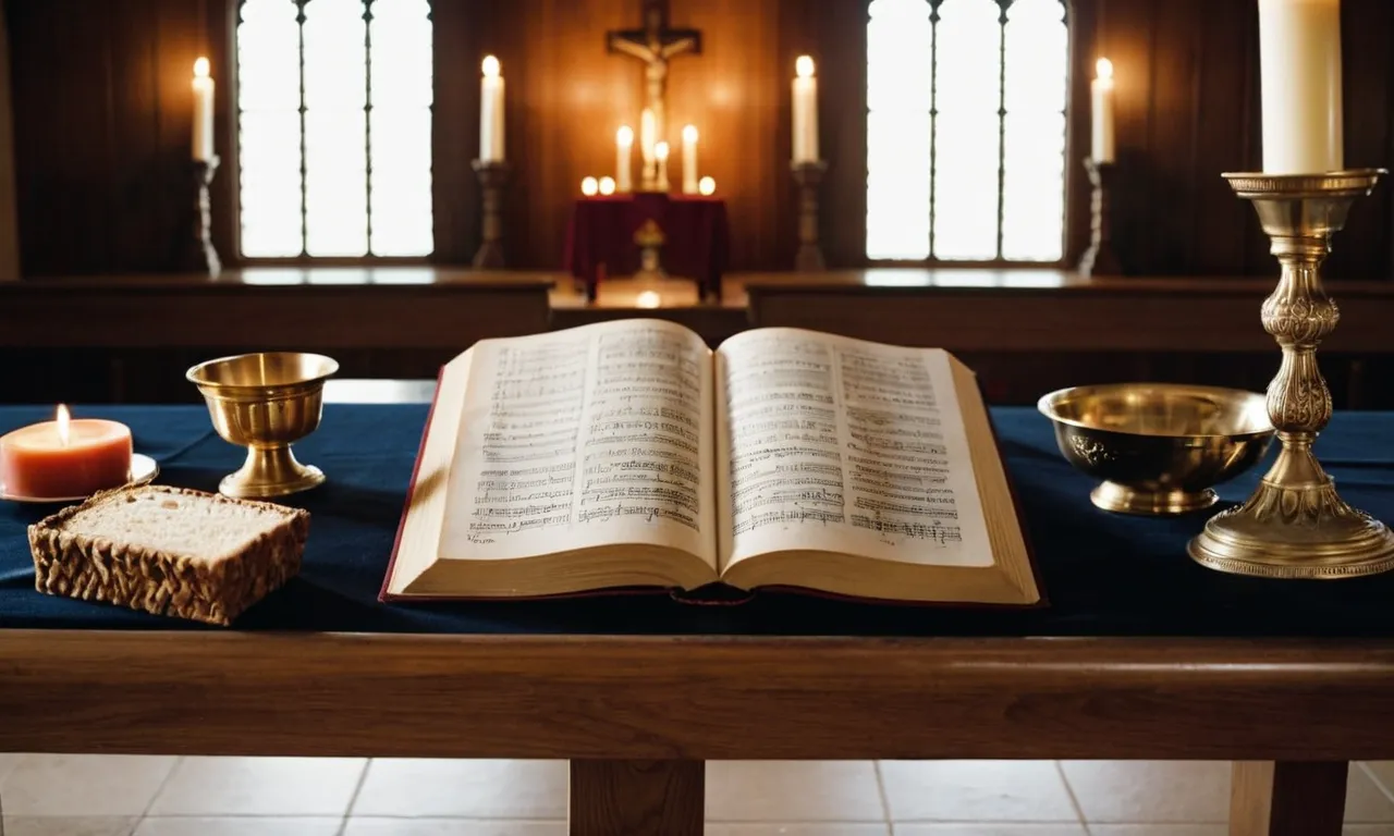 A captivating photo of a communion table, adorned with a chalice and hymnals, capturing the essence of the last supper and inviting contemplation on the hymn Jesus may have sung.