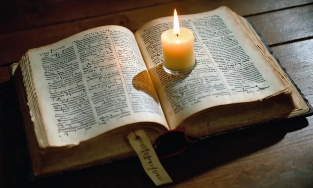 A close-up image of a worn, open Bible, with highlighted verses and handwritten notes, accompanied by a lit candle and a pair of folded hands, representing a devotional Bible.