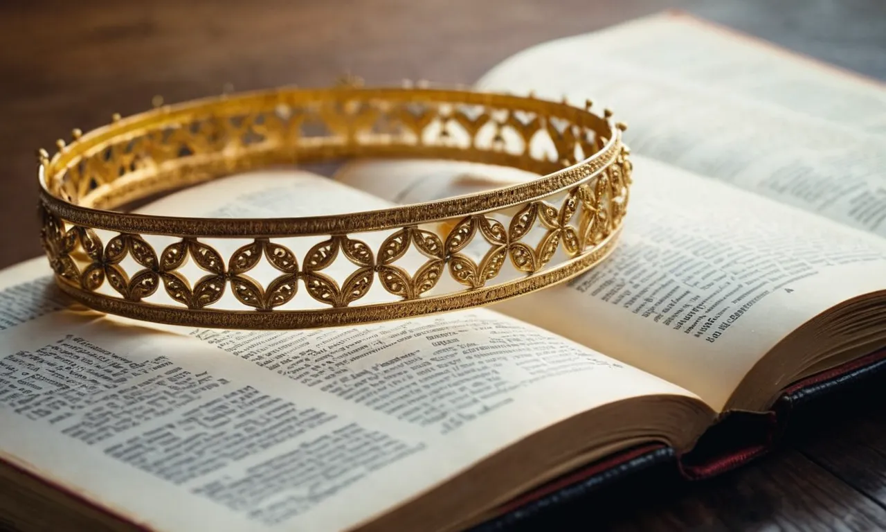 A close-up shot capturing the intricate details of a golden diadem resting on an open Bible, symbolizing royalty and divine authority.