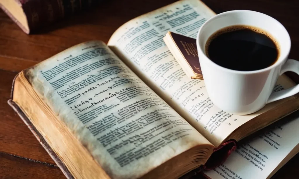 A photo capturing a well-worn Bible with highlighted passages and handwritten notes, surrounded by open study guides and a cup of coffee, symbolizing a thoughtful and enriching study experience.