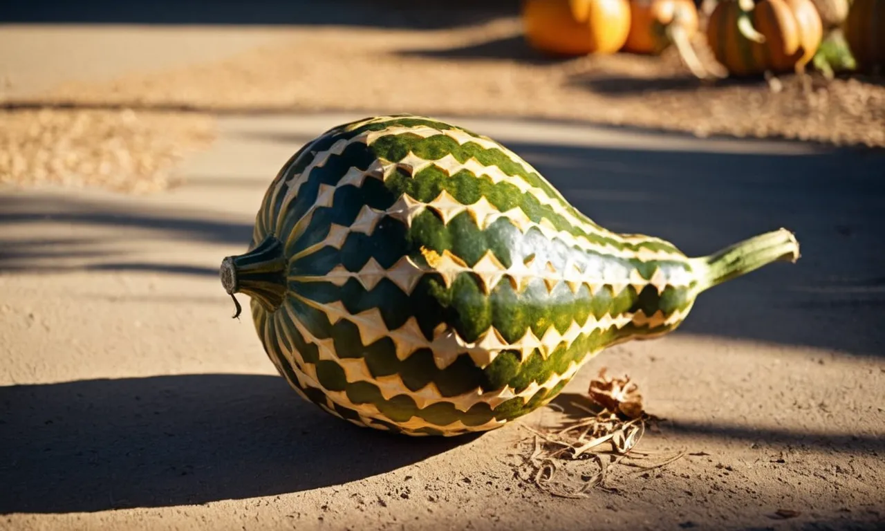 A close-up photo of a gourd, illuminated by soft sunlight, showcasing its unique shape, textures, and vibrant colors, evoking curiosity and inviting exploration into its biblical significance.