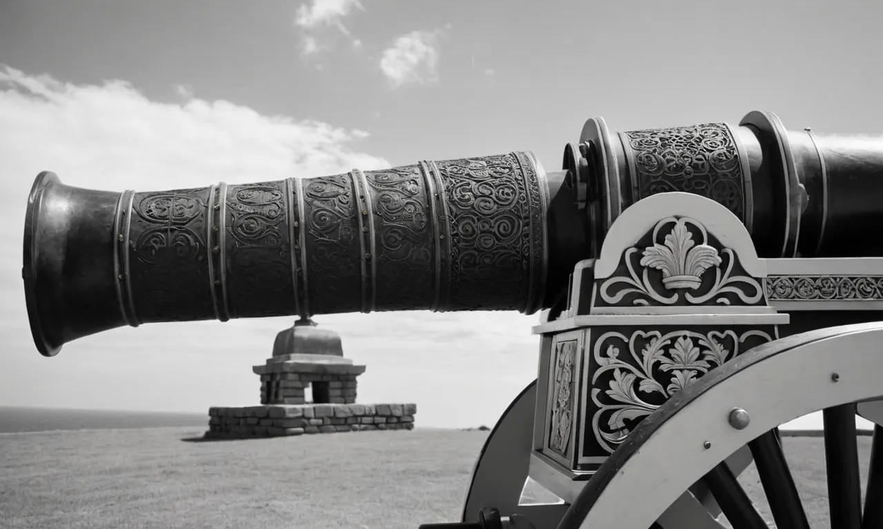 A black and white close-up photo capturing the intricate details of a cannon, symbolizing the power and dominance of a gunpowder empire.