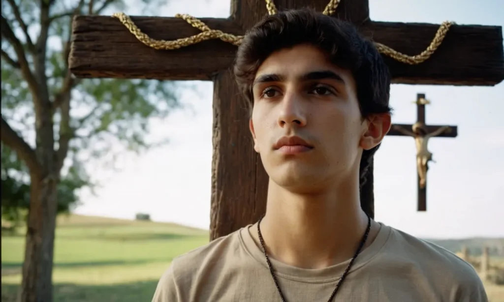 A close-up shot captures a young man with a contemplative expression, standing in front of a crucifix. The image symbolizes the introspective journey during a "Jesus year" of self-discovery and spiritual growth.