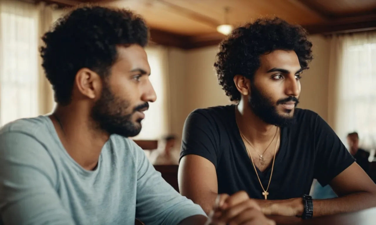 A photo capturing two individuals sitting side by side, engrossed in deep conversation, their eyes reflecting understanding and compassion, symbolizing the concept of kindred spirits as mentioned in the Bible.