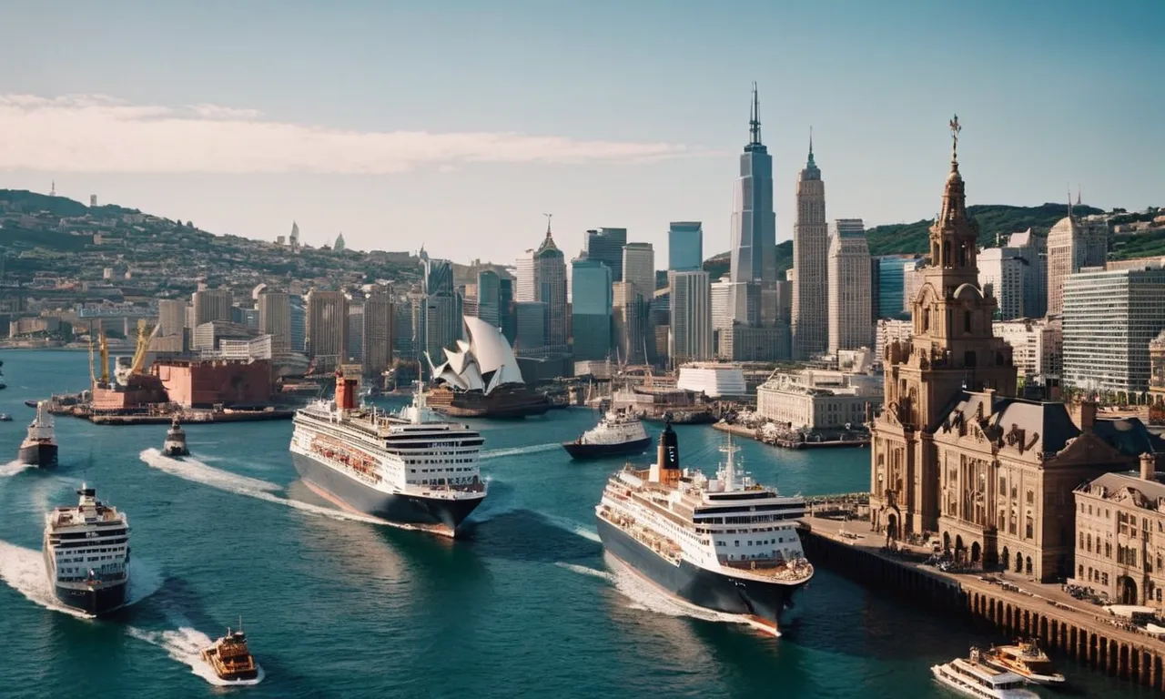 A majestic photo capturing a bustling harbor, adorned with towering ships from diverse nations, symbolizing the grandeur and influence of a maritime empire.