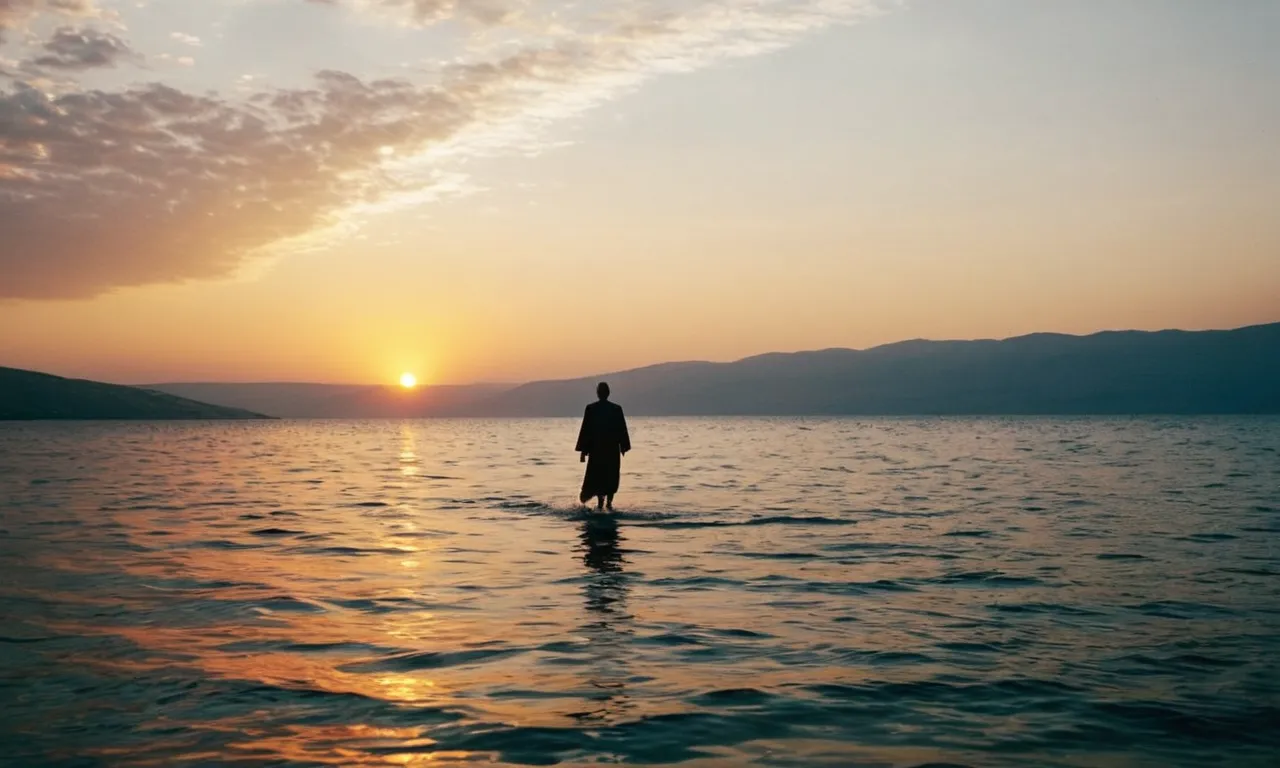A photo capturing a radiant sunset over a calm sea, with a solitary figure walking on water, symbolizing the biblical miracle of Jesus walking on the Sea of Galilee.