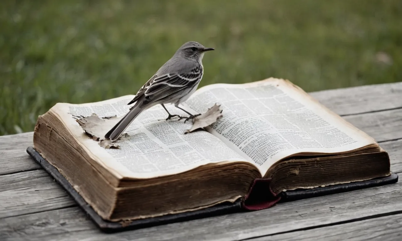 A black and white photo of a worn-out, tattered Bible lying open on a wooden table, with a mockingbird perched on top, symbolizing the concept of a mocker in the Bible.