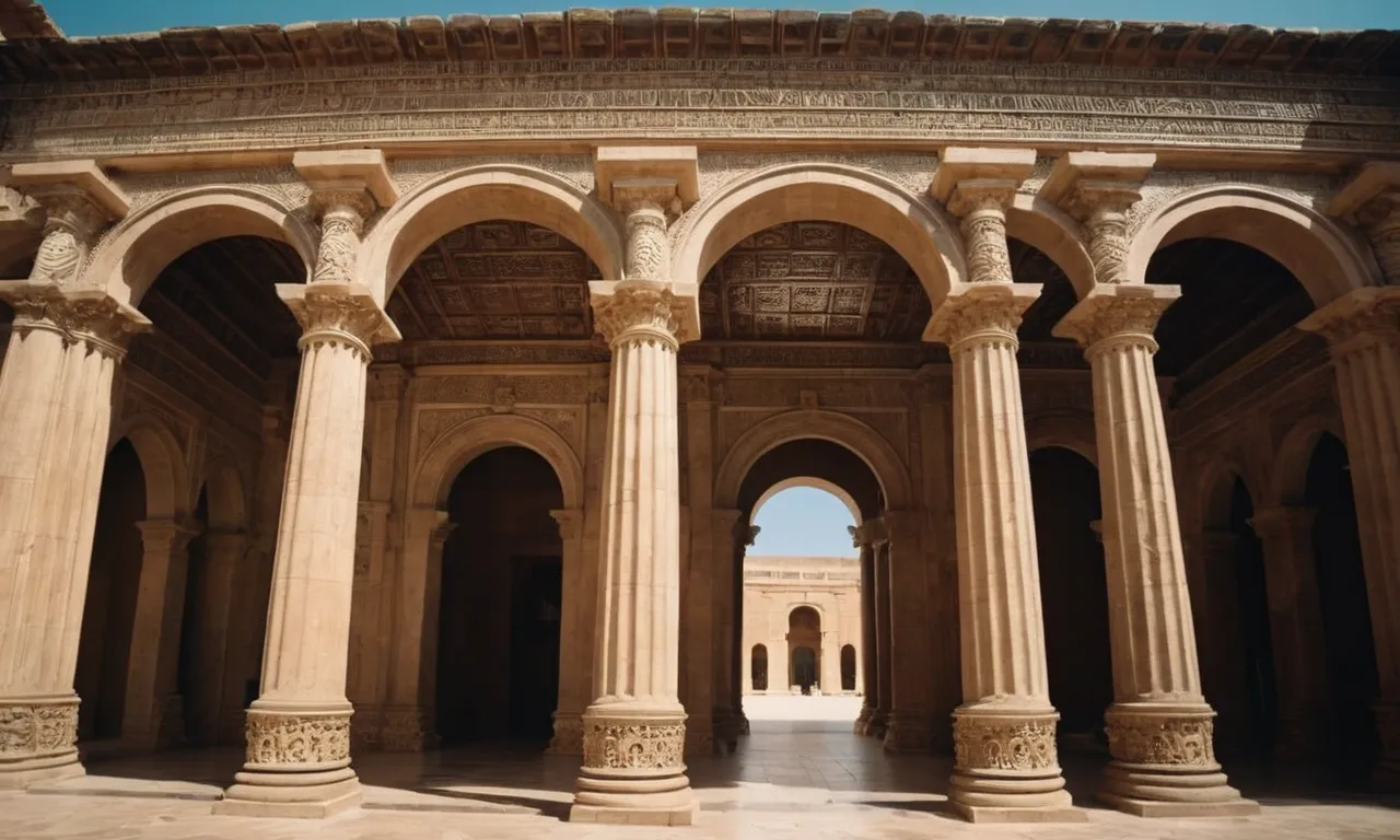 A photo capturing the grandeur of a biblical portico, adorned with intricate columns and arches, serving as a majestic entrance to a sacred temple or significant place of worship.