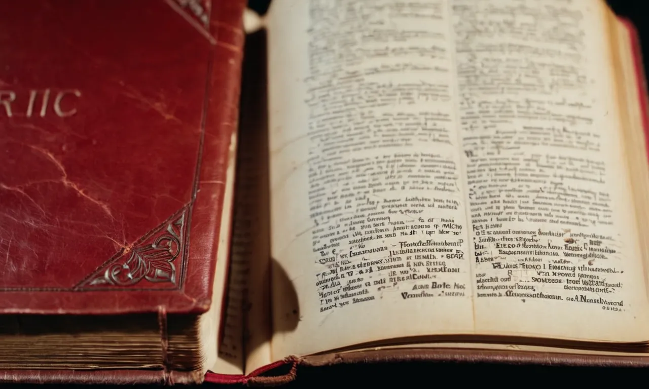 A close-up shot of a worn-out, red leather-bound Bible, its pages marked with underlines and annotations, symbolizing the cherished and significant teachings contained within a "Red Letter Bible."