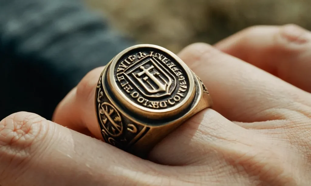 A close-up photograph capturing a worn, weathered signet ring, symbolizing authority and significance, evoking biblical themes of power, inheritance, and covenant.