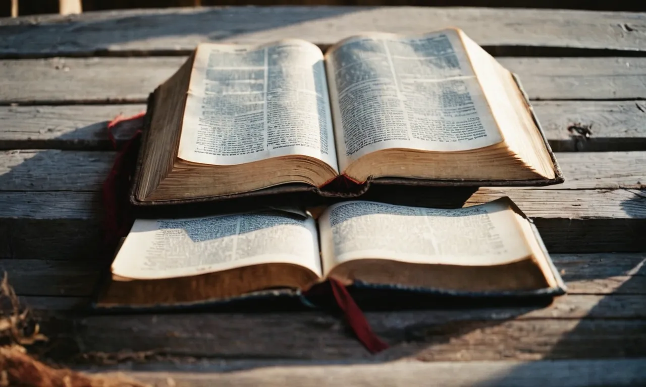 A photo of an open Bible resting on a weathered table, its pages marked with passages about prophets and divination, symbolizing the presence of a soothsayer within biblical texts.