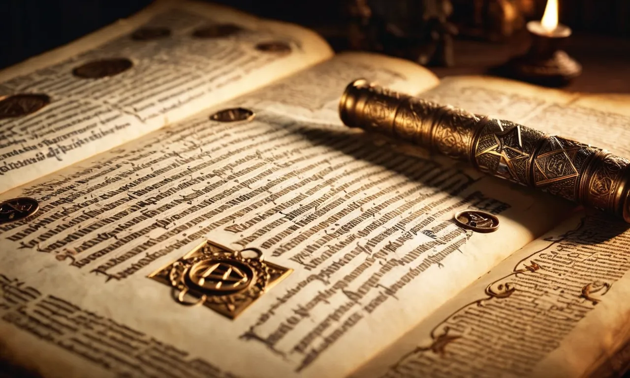 A photo of an ancient manuscript with illuminated letters, depicting a sorcerer in biblical times, surrounded by mystical symbols and casting a spell.