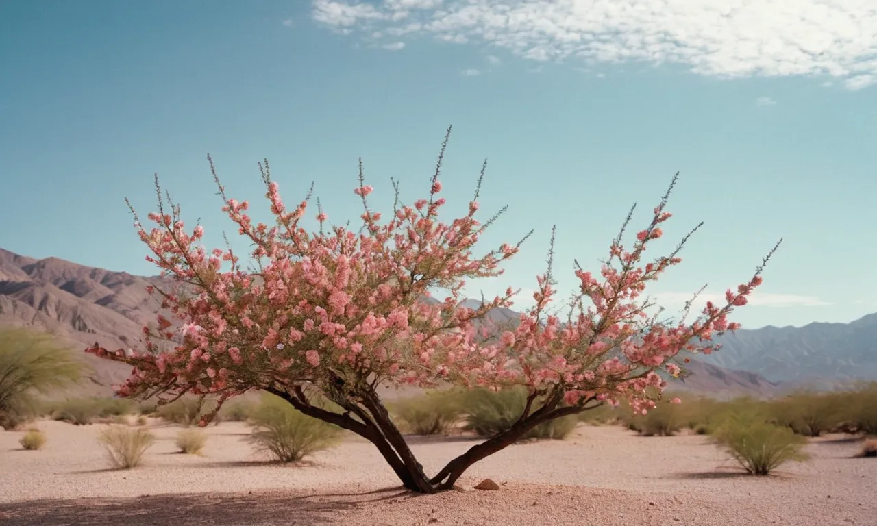A close-up photograph capturing the delicate pink blossoms of a Tamarisk tree, standing tall against a desert backdrop, evoking the biblical symbolism of resilience, shelter, and hope.