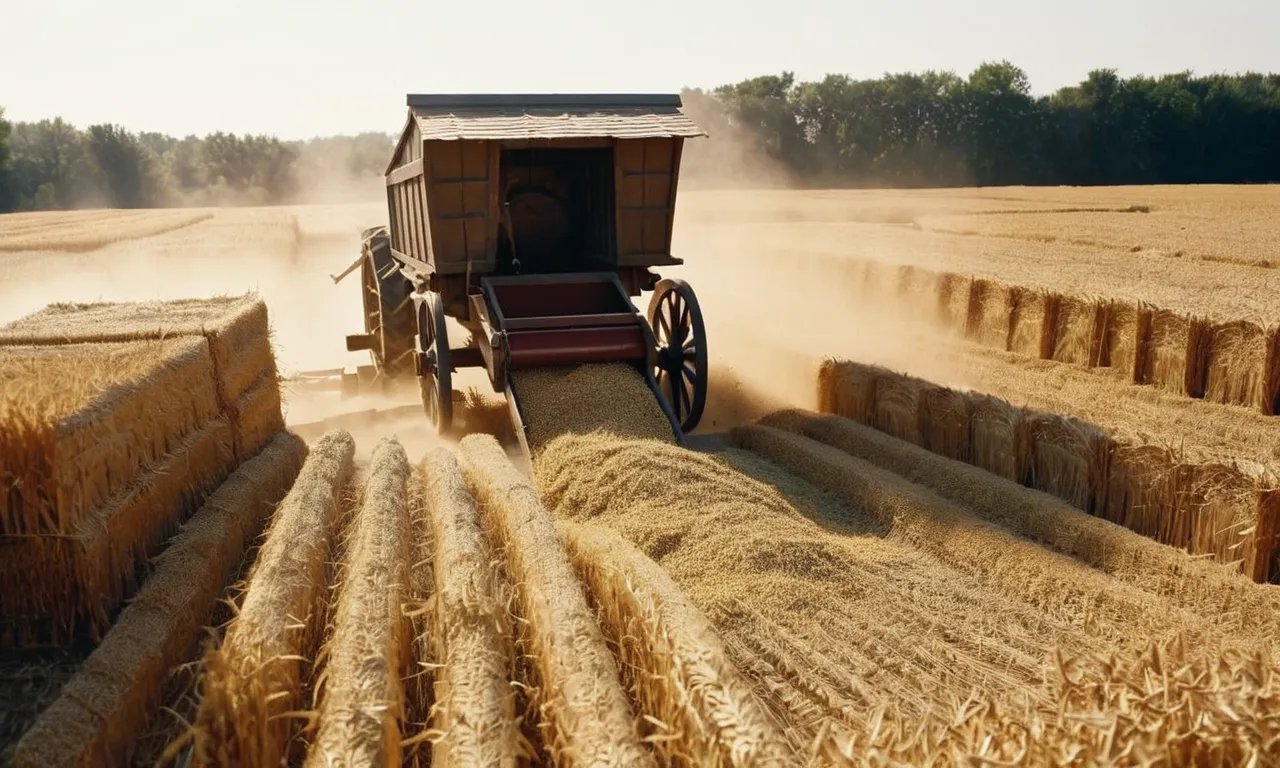 A black-and-white image showcasing a biblical threshing floor, bathed in sunlight, where a farmer separates wheat from chaff, symbolizing purification and the process of separating good from evil.