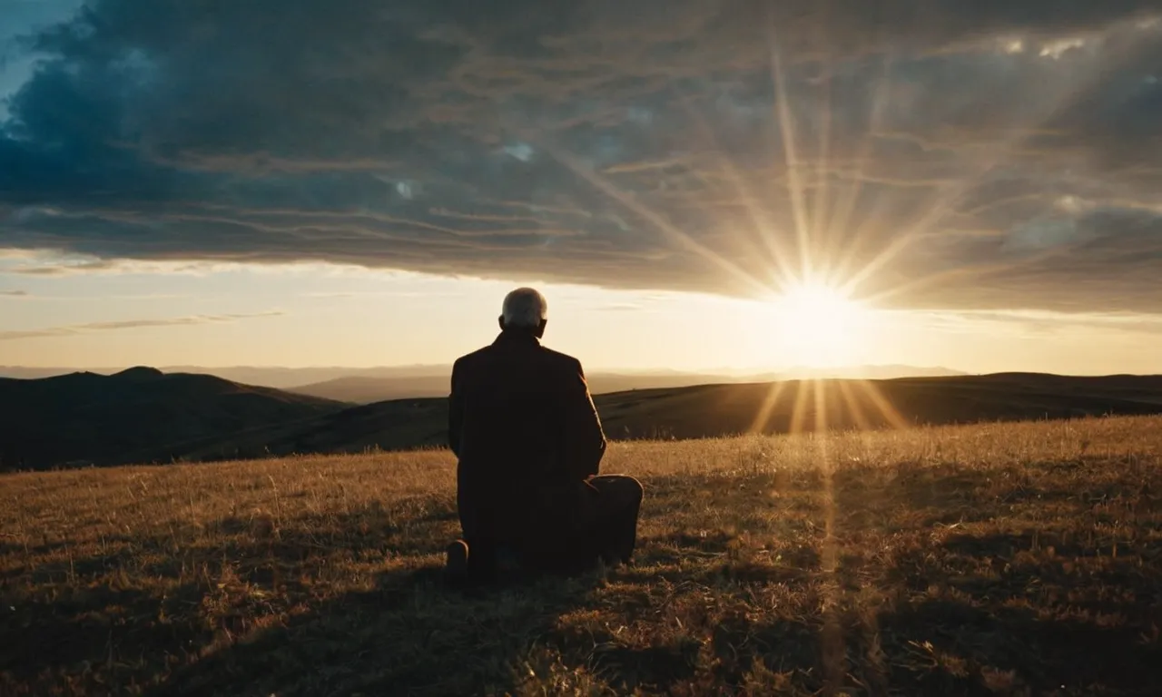 A radiant sunrise pierces through dark clouds, illuminating a solitary figure kneeling in prayer. A beam of light lands directly on their face, symbolizing divine guidance and a profound spiritual connection.