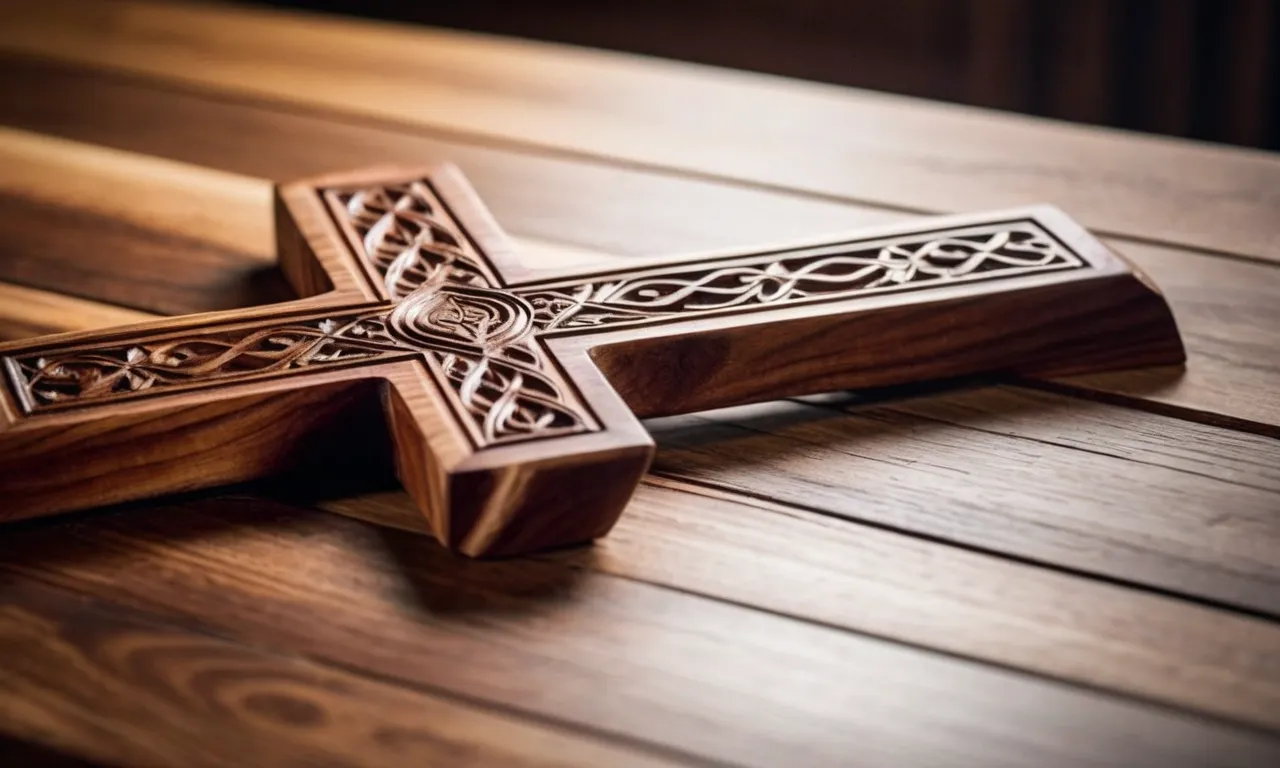 A close-up photo of a beautifully carved acacia wood cross, symbolizing the significance of acacia wood in the Bible, capturing its spiritual and sacred essence.