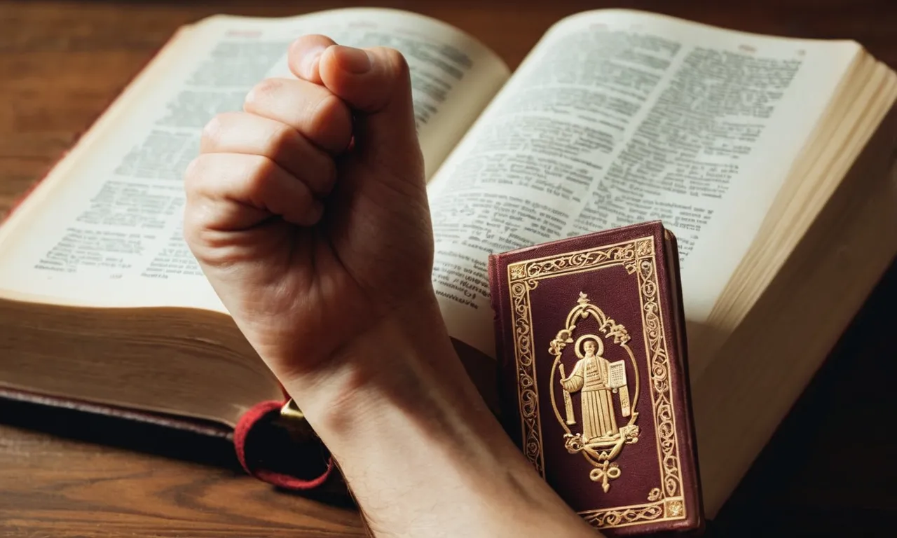A photo capturing a clenched fist, symbolizing anger, juxtaposed with an open Bible, representing the search for understanding and guidance in managing and overcoming anger.