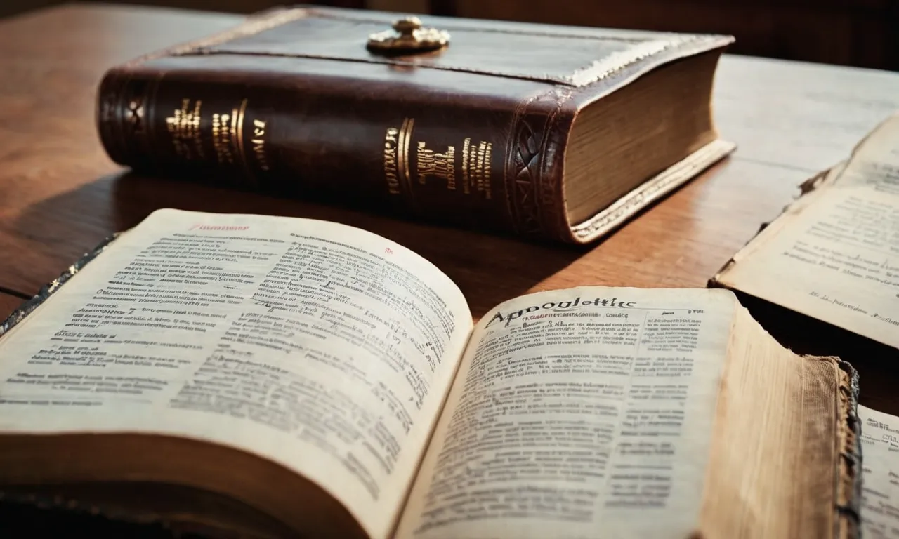 The photo captures a worn-out leather-bound Bible open to the book of Apologetics, surrounded by study notes, highlighting the pursuit of defending and explaining the Christian faith.