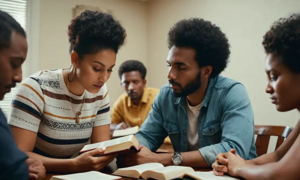 A close-up photo of a group of diverse individuals sitting around a table, engrossed in intense discussion, with open Bibles and study materials in front of them.
