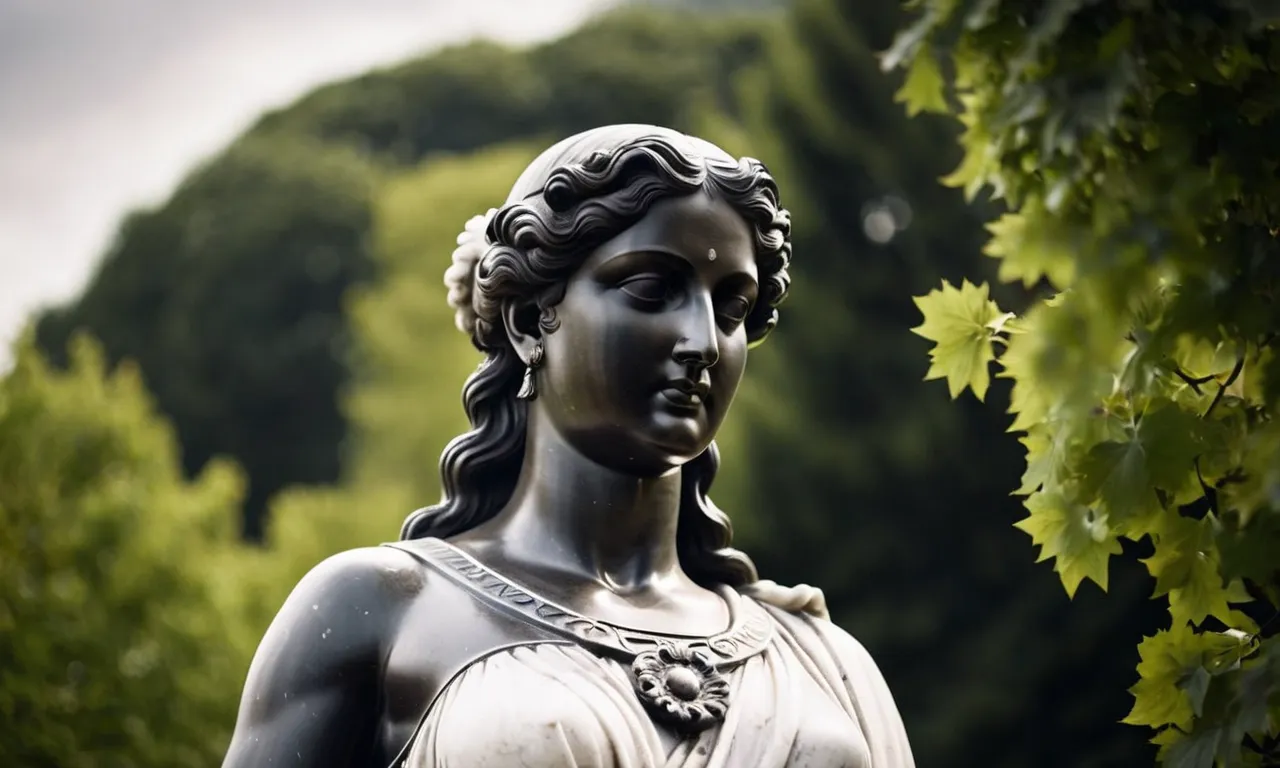 A black and white photo captures the delicate features of a marble statue of Ceres, the Roman goddess of agriculture, standing gracefully in a lush field, symbolizing her role as the deity of abundance and fertility.