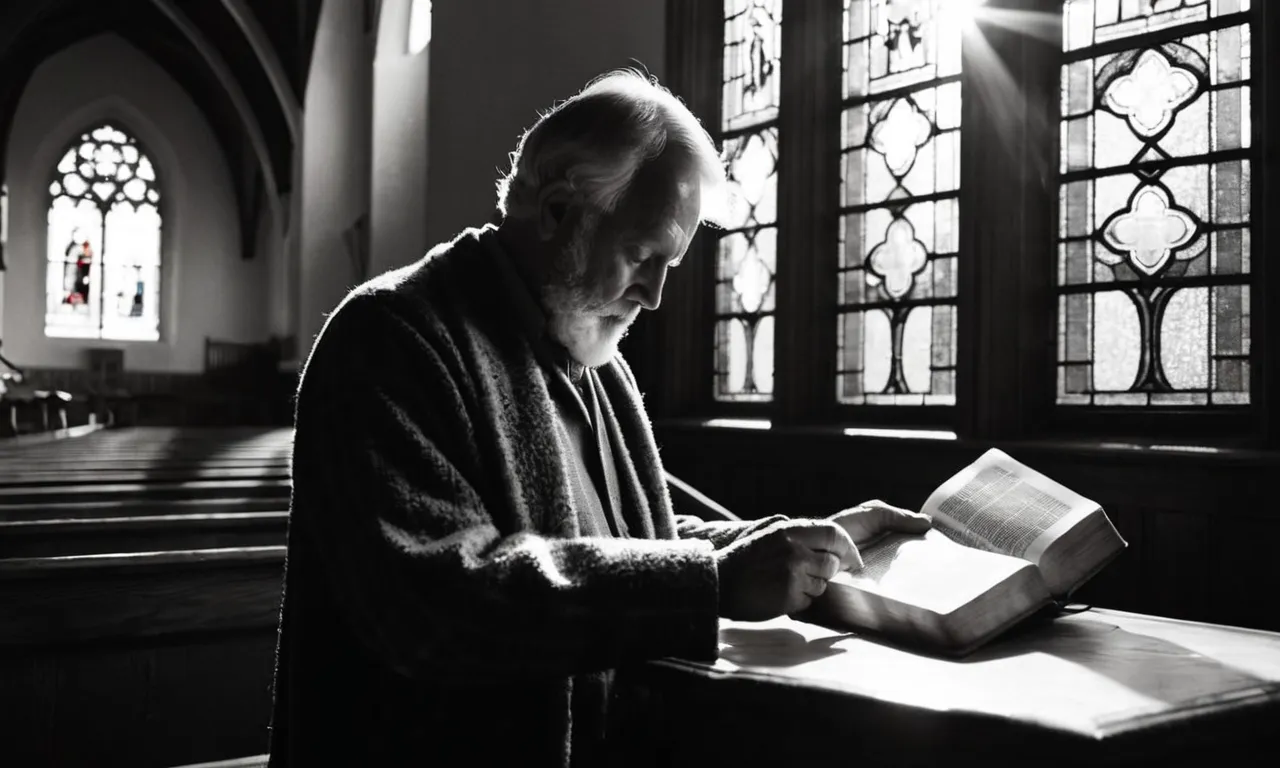 A black and white image capturing a person reading a worn-out Bible, their face illuminated by a soft beam of sunlight streaming through a nearby stained glass window.