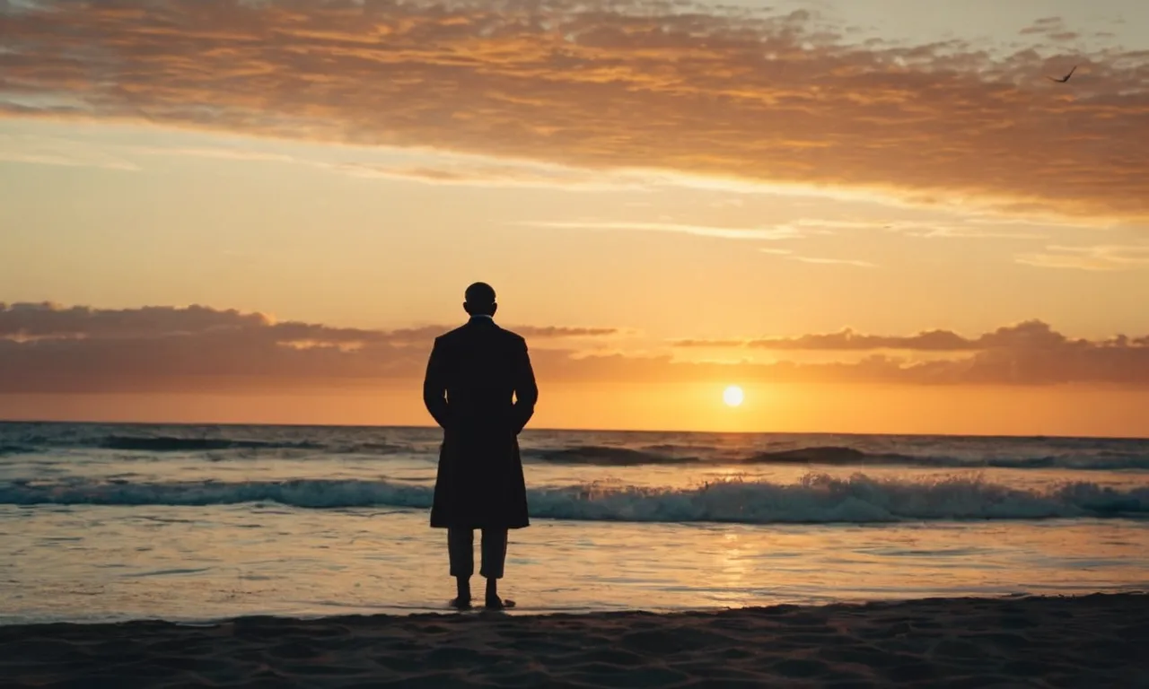 A photo capturing a serene sunset over a calm ocean, with a lone figure standing on the shore, symbolizing the eternal life promised in the Bible.