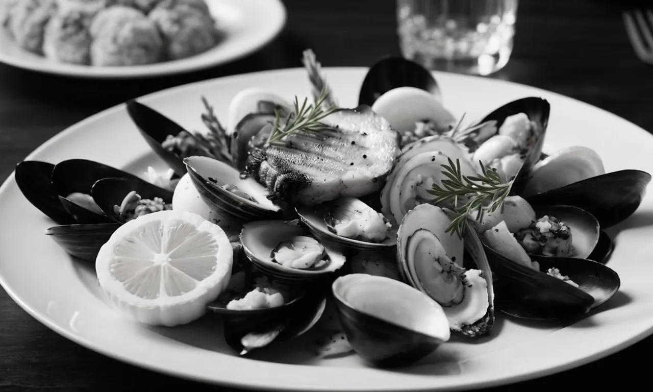 A black and white image capturing a close-up of a plate of bacon and shellfish, symbolizing the forbidden foods in Judaism.
