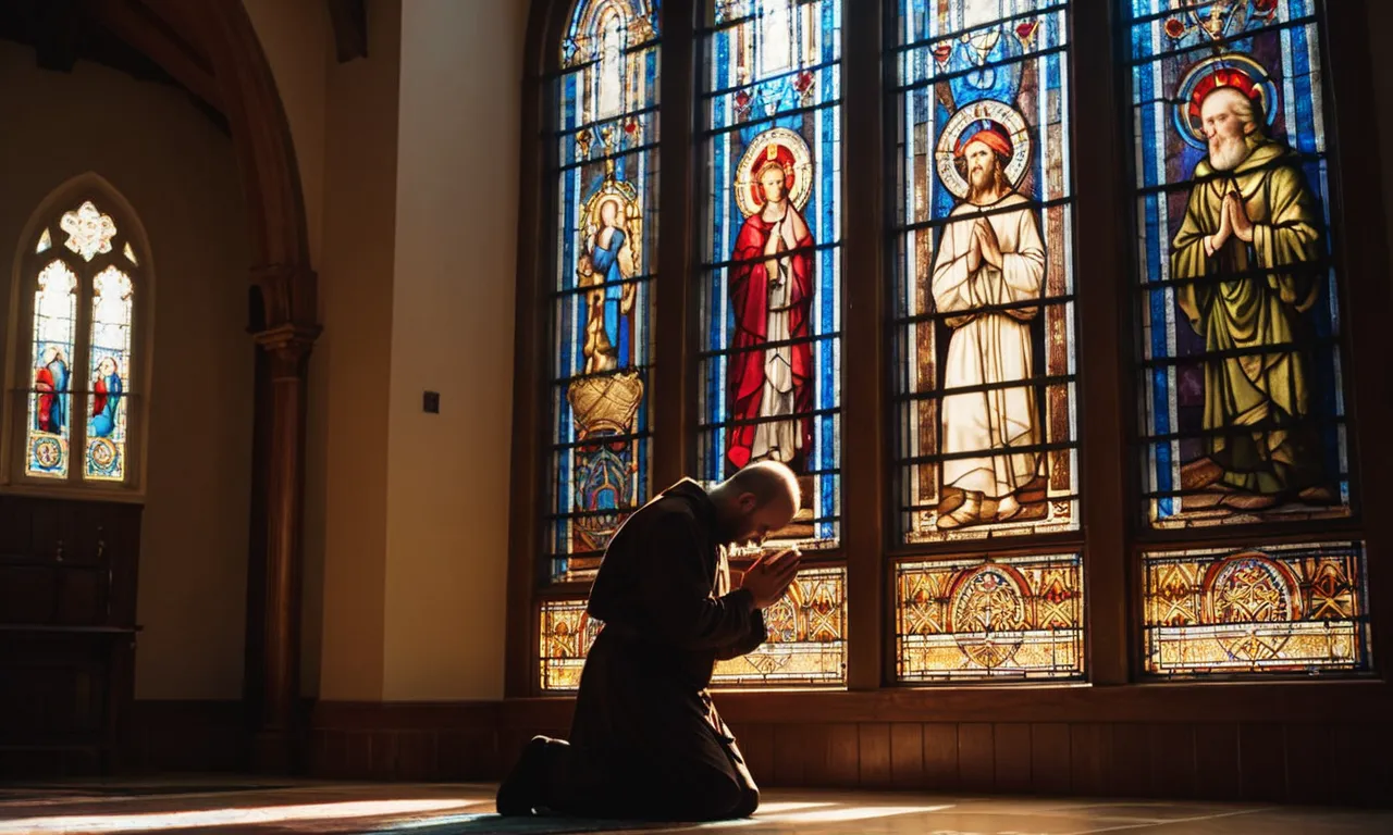 A photo capturing a person kneeling in prayer, bathed in warm sunlight streaming through stained glass windows, symbolizing the transformative power of forgiveness as taught in the Bible.