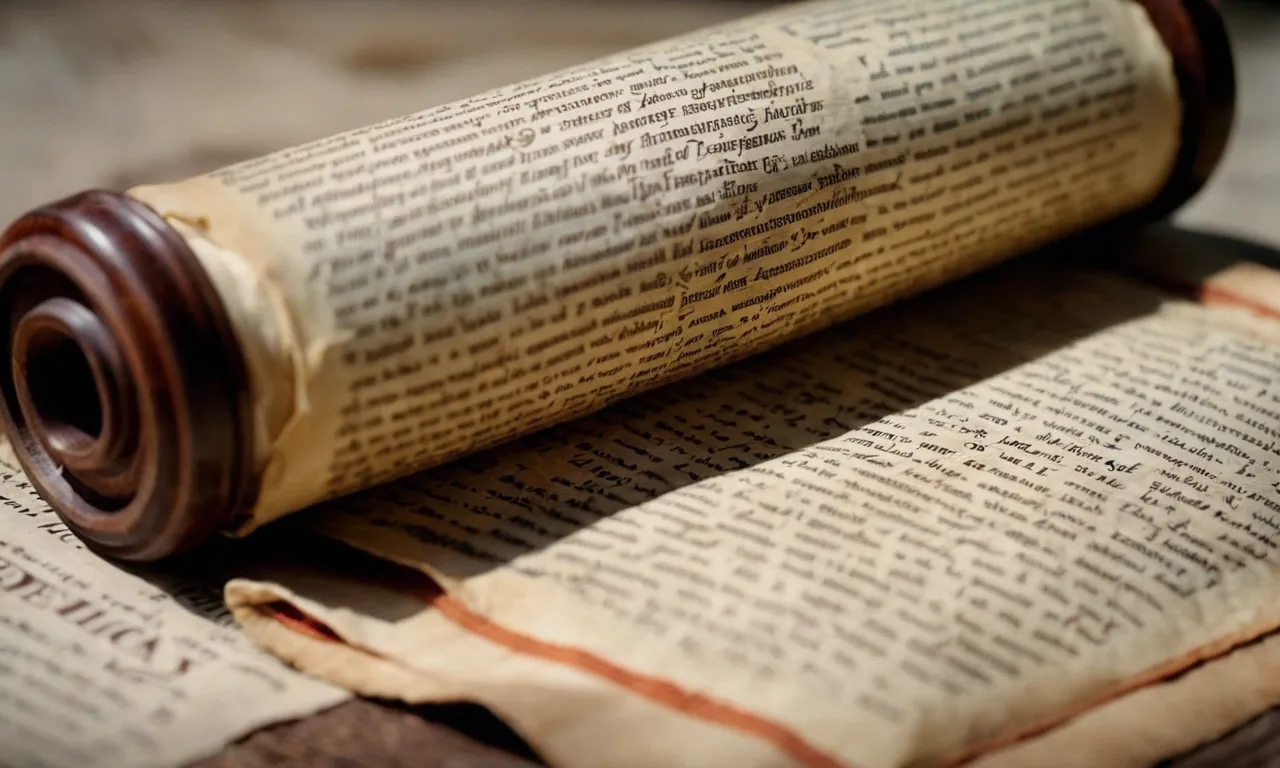 A close-up shot of an ancient scroll, its weathered pages revealing biblical verses mentioning frankincense, surrounded by small vials of fragrant resin, creating a visual connection between scripture and the sacred substance.