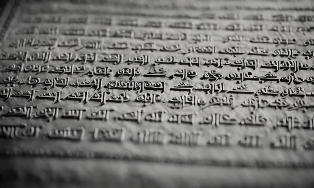 A black and white close-up photograph of an ancient Aramaic manuscript, showcasing beautifully engraved text that reads "What is God?" in delicate calligraphy.