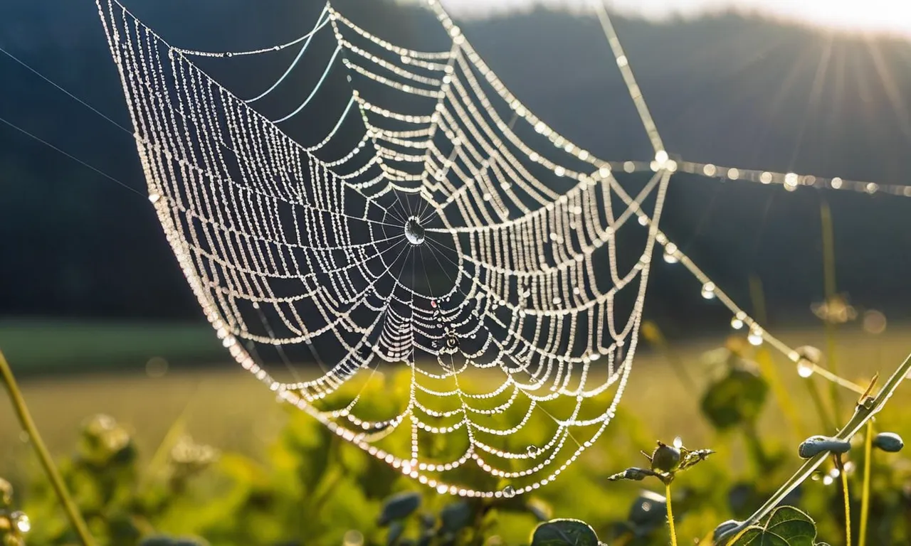 A close-up image of a spiderweb delicately capturing the morning dew, symbolizing the intricate and mysterious nature of God's creation.