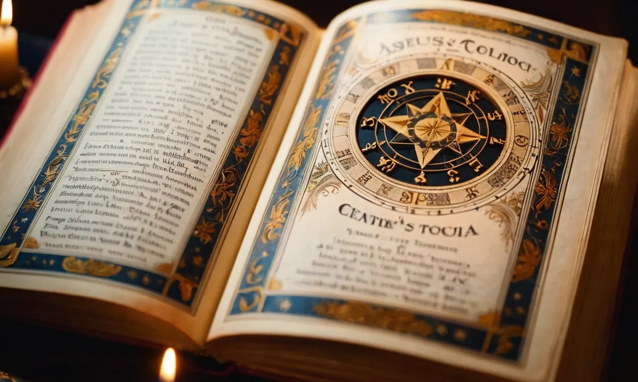 A close-up photo capturing the delicate lines of a vintage astrology book, open to the page revealing Jesus' zodiac sign amidst a background of flickering candlelight.