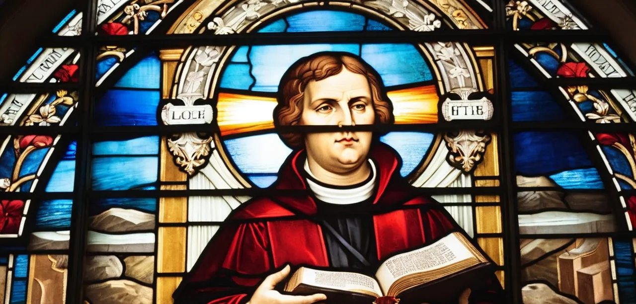 A close-up photo of a Lutheran church's stained glass window, depicting Martin Luther holding a Bible, symbolizing the core belief in scripture as the ultimate authority in Lutheran Christianity.