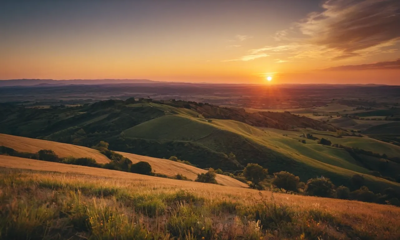 A stunning photograph capturing a radiant sunset over a vast landscape, symbolizing the gift from God - a breathtaking world filled with boundless beauty and endless possibilities.